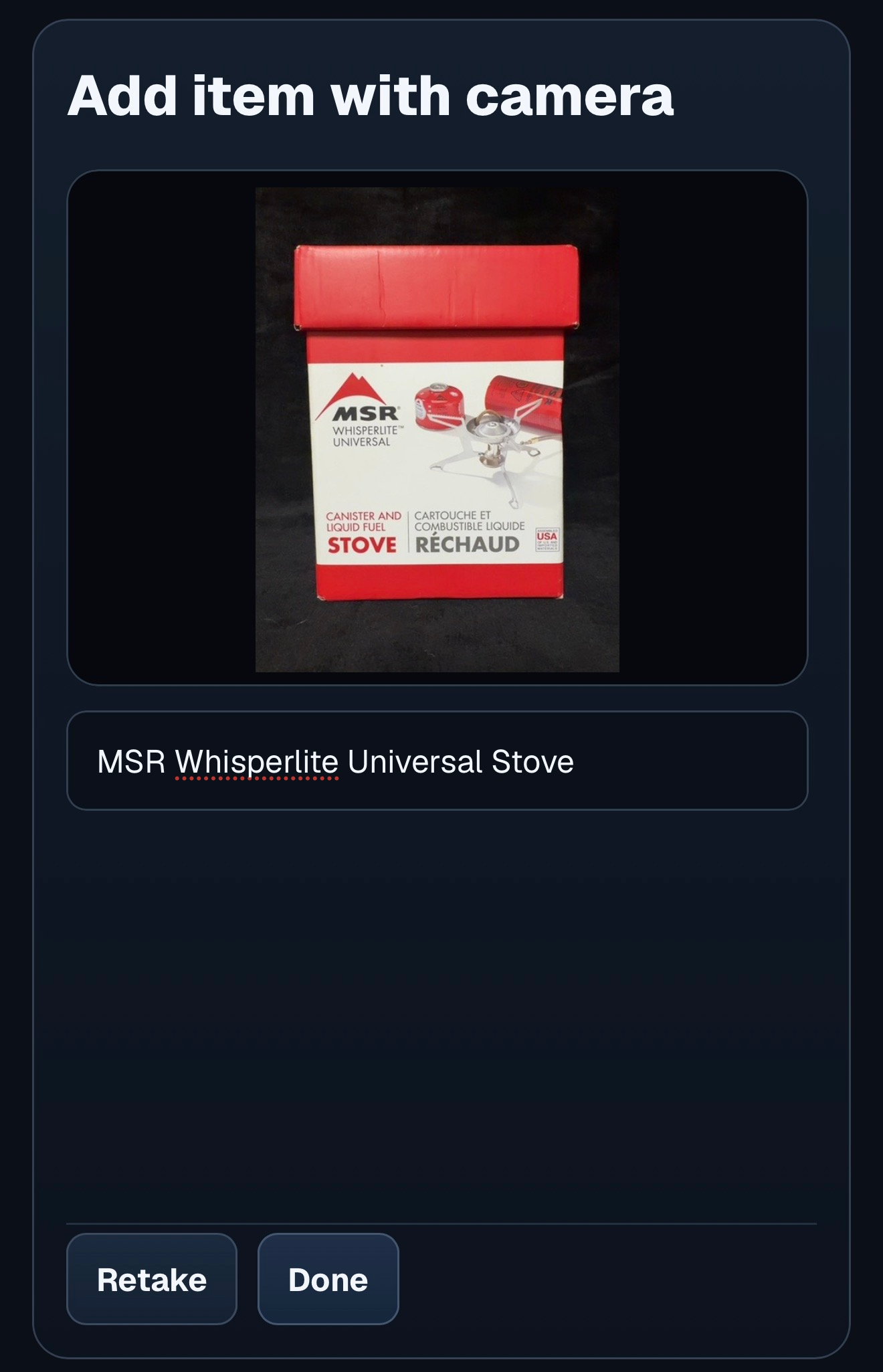 LabelUp camera item entry flow showing an item being added to a label from the camera