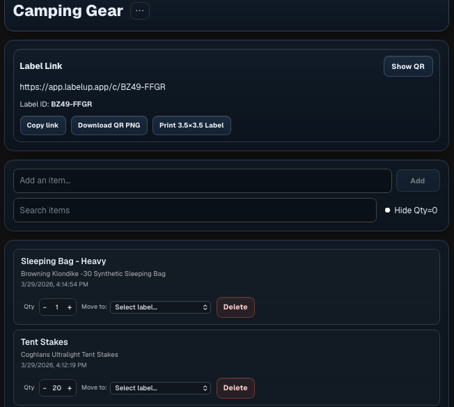LabelUp label detail view showing a storage label, QR actions, and the contents stored there