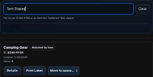 LabelUp search results showing a searched item matched to a labeled storage location